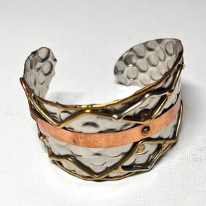 Mixed Metal Cuff Bracelet Hammered Hand Forged Wide Tapered Adjustable Riveted